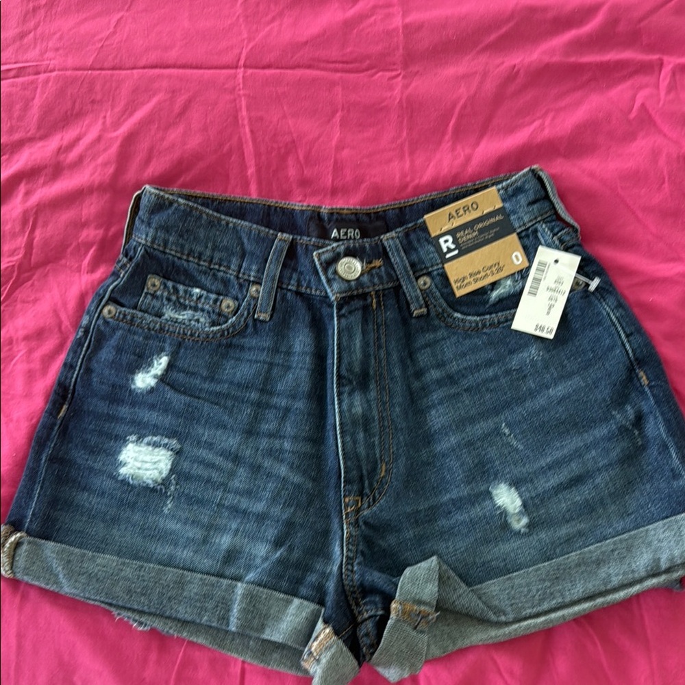 Aero High Rise Curvy Blue Jean Shorts Distressed w/ Cuffed Hem NWT